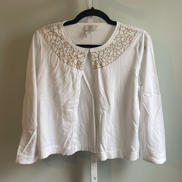 LOFT Sweaters - Loft White Cardigan with Gold Embroidered Flower Detail